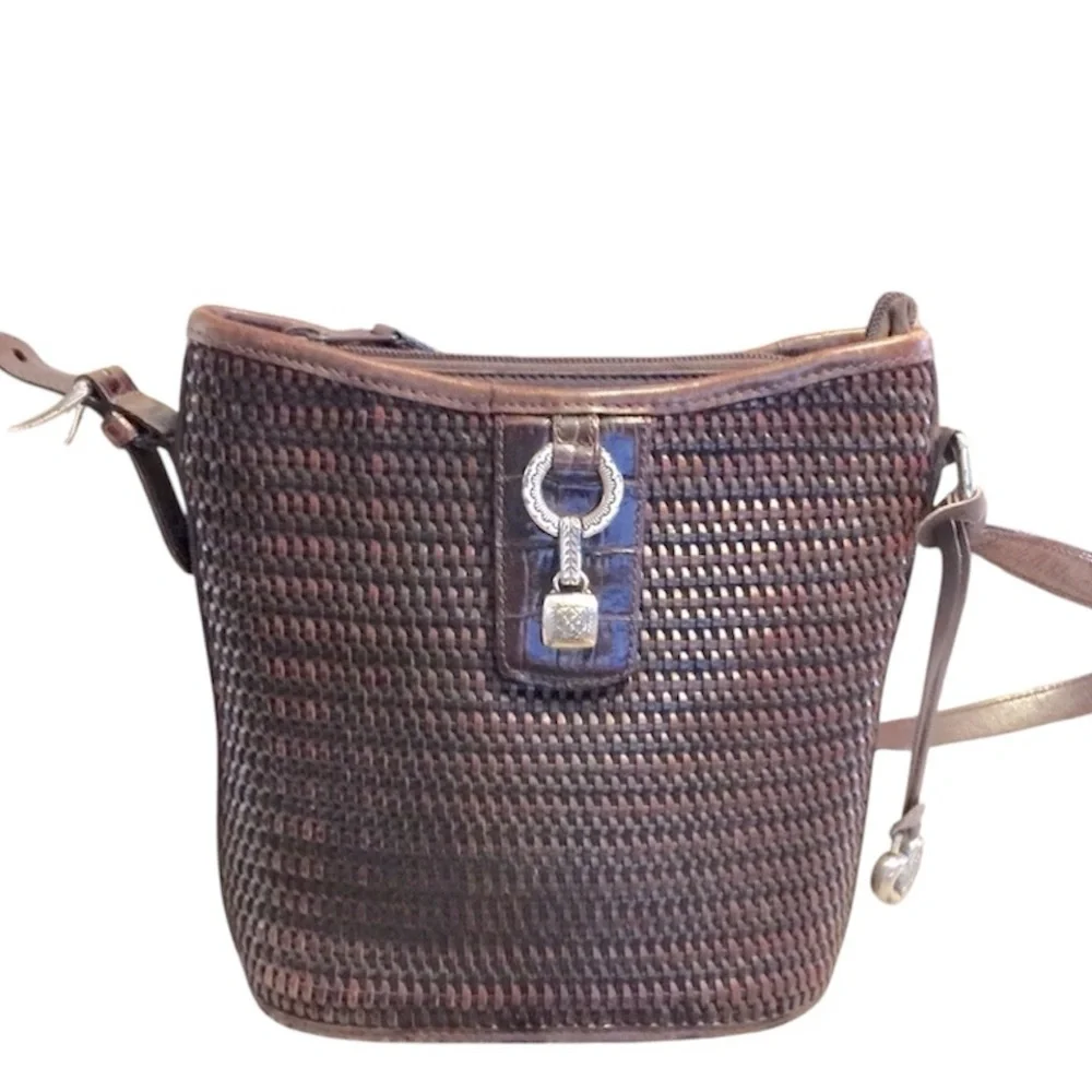 Brighton Vintage Designer Brown Woven Leather Shoulder Bucket Tote Bag Purse